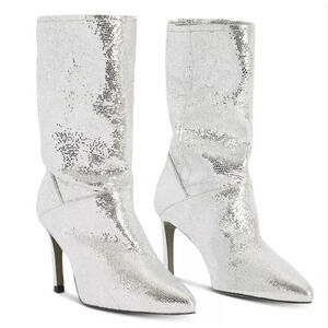 AllSaints Orlana Sequin Boots 5 NWOT Silver Gray Slouch Ankle Booties Cocktail